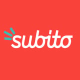 Subito logo with white italic text and blue accent lines on a red background